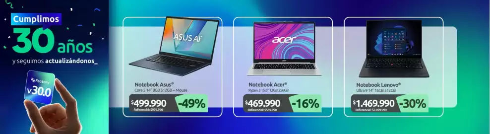 Catálogo PC Factory Página 4: Lenovo - notebook €1.469.990,00, Asus - notebook core 5 14 8gb 512gb + mouse €499.990,00