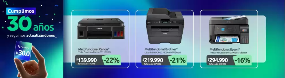 Catálogo PC Factory Página 9: Epson - multifuncional €294.990,00, Canon - multifuncional €139.990,00