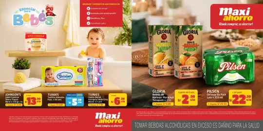 Catálogo MaxiAhorro Página 1: Gloria bebida de naranja/ maracuyá €2,90, Pilsen Cerveza Six Pack €22,50