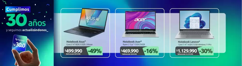Catálogo PC Factory Página 1: Lenovo - notebook €1.129.990,00, Acer - notebook €469.990,00