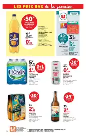Catalogue Super U page 34: THONON EAU MINERALE NATURELLE €1,80, CELSIUS PEACH VIBE €0,98