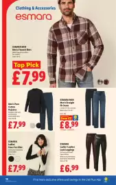 Lidl leaflet week 38 Page 18: Men's Pure Cotton Pyjamas €7,99, Esmara ladies' leather look leggings €6,99