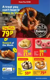Lidl leaflet week 38 Page 4: Apple Turnover €1,50, White & Milk Chocolate Drizzle Doughnut €0,59