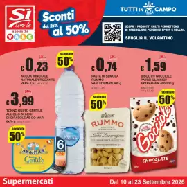 Volantino Sì con te Pagina 1: Acqua minerale naturale/frizzante Vera €0,23, Biscotti Gocciolè Pavesi €1,59
