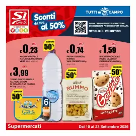 Volantino Sì con te Supermercati Pagina 1: Acqua minerale naturale/frizzante Vera €0,23, Biscotti Gocci ole Pavesi €1,59