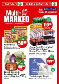 Spar kundeavis Side 1: Norsk blomkål/ brokkoli/rød & grønn spisskål/gulrot 750 g €40,00, Grandiosa €50,00