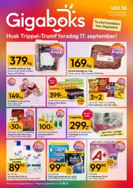 Gigaboks kundeavis uke 38 Side 1: A+ vaskekapsler 38 stk €99,90, Toalettpapir 8 x 8 ruller €299,00