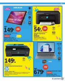 Catalogue E.Leclerc semaine 38 page 13: Lenovo Tab One €149,00, Lenovo PC PORTABLE IDEAPAD SLIM 3 15AMN8 €679,00