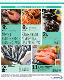 Catalogue E.Leclerc semaine 38 page 29: L'Atelier Poissonnerie Pavés de saumon €11,49, Pavillon France Sardine €2,98