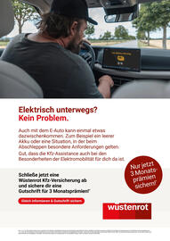 Wüstenrot Flugblatt Seite 4: " Low Battery Warning 0% Elektrisch unterwegs? Kein Problem. Auch mit dem E-Auto kann einmal
