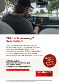 Wüstenrot Flugblatt Seite 4: " Low Battery Warning 0% Elektrisch unterwegs? Kein Problem. Auch mit dem E-Auto kann einmal