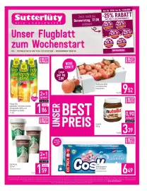 Sutterlüty Flugblatt Seite 1: Happy Day Apfelsäfte, Multivitaminsäfte, Orangesäfte 100% und Orangenmischsäfte €1,86