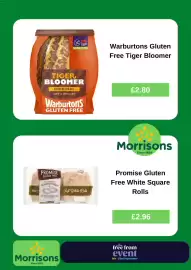 Morrisons leaflet week 38 Page 3: Warburtons gluten free tiger bloomer €2,80, Promise gluten free white square rolls €2,96