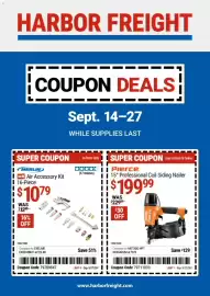 Harbor Freight Tools weekly ad Page 1: Merlin air accessory kit €10,79, Pierce 15° Professional Coil Siding Nailer €199,99