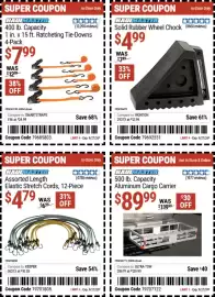 Harbor Freight Tools weekly ad Page 14: Haulmaster solid rubber wheel chock €4,99, Haulmaster ratcheting tie-downs €7,99