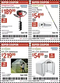 Harbor Freight Tools weekly ad Page 4: Predator gas-powered earth auger €189,99, Portland 9.5 in. electric pole saw €54,99