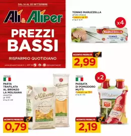 Volantino Alì Supermercati Pagina 1: Passata di pomodoro Mutti €2,19, Pasta trafilata al bronzo La Molisana €0,79