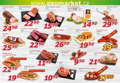 ESO MARKET leták Strana 2: Šumavská retro klobása €19,90, MU Písek klobása s paprikou €19,90