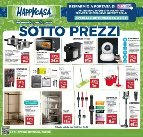Volantino Happy Casa Pagina 1: Macchina da caffè digitale Dictrolux €64,99, Stendibiancheria a torre 3 ripiani €14,99