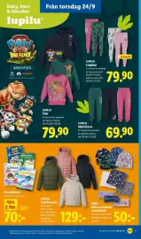 Lidl reklamblad vecka 39 Sida 24: Lupilu mjukisbyxor €69,90, Soxo mössa/pannband/tubhalsduk €50,00