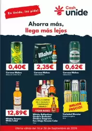 Folleto Cash Unide Página 1: Mahou - cerveza €2,35, Dewar's - whisky white label €12,89