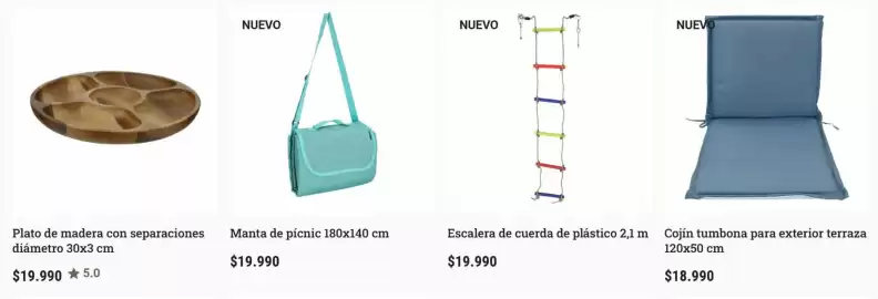 Catálogo Casaideas Página 5: Plato de madera con separaciones diametro €19.990,00, Manta de picnic 180x140 cm €19.990,00