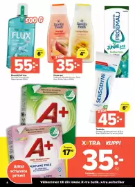 Coop Extra reklamblad vecka 39 Sida 4: Flux munskölj soft mint €55,00, Family Fresh shower gel €35,00