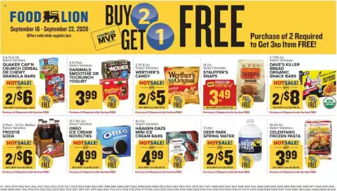 Food Lion weekly ad week 38 Page 14: Dave's killer bread organic snack bars €8,00, Oreo ice cream novelties €4,99