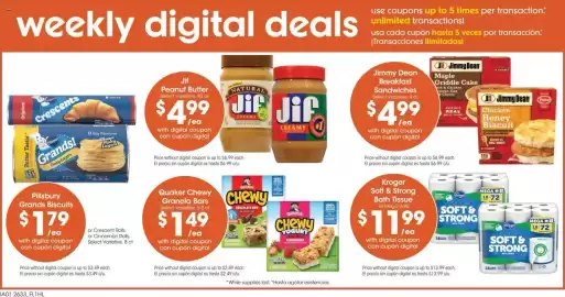 Food 4 Less weekly ad week 38 Page 2: Kroger soft & strong bath tissue €11,99, Jimmy Dean Breakfast Sandwiches €4,99