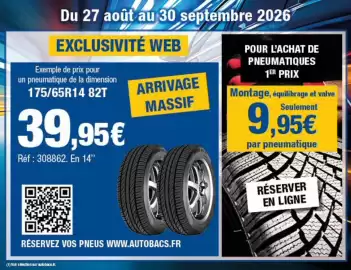 Catalogue Autobacs page 4: Pour l'achat de pneumatiques 1er prix €9,95, Réservez vos pneus www.autobacs.fr €39,95