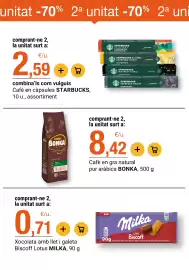 Folleto BonpreuEsclat Página 7: Milka xocolata amb llet i galeta Biscoff €0,71, Bonka café en gra natural pur aràbica €8,42