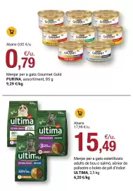 Folleto BonpreuEsclat Página 80: Ultima menjar per a gats esterilitzats €15,49, Purina menjar per a gats Gourmet Gold €0,79