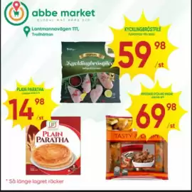 Abbe Market reklamblad Sida 3: FlevoGold kycklingbröstfilé €59,98, Tasty & Crispy €69,98
