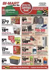 Bi-Mart weekly ad Page 1: Lifesmart 7 Fin Oil-Filled Heater €39,99, Troy-Bilt 20" Gas Chainsaw €149,99