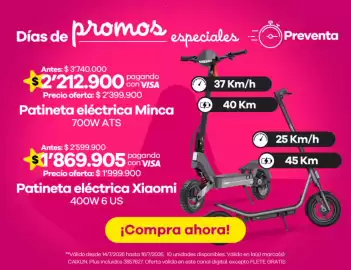 Catálogo Éxito Página 7: Patineta eléctrica Minca 700W ATS €2.212.900,00