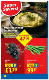 Lidl leaflet week 38 Page 2: Black Grapes €1,29, Extra Fine Green Beans €0,99