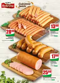 Dino gazetka tydzień 38 Strona 33: Kiełbaski leszczyńskie Agro Rydzyna €28,49, Kiełbasa zwyczajna Agro Rydzyna €17,99