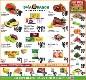 Baja Ranch weekly ad week 38 Page 1: Fresh Pork Legs €1,99, Fresh, Bone-In Beef Rib Eye Steak €6,99
