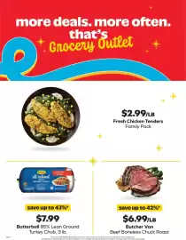 Grocery Outlet weekly ad week 38 Page 3: Butterball ground turkey chub €7,99, Butcher Van Beef Boneless Chuck Roast €6,99