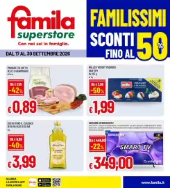 Volantino Famila Superstore Pagina 1: Yogurt cremoso Müller €1,99, Prosciutto cotto scelto Granmagro CasaModena €0,89