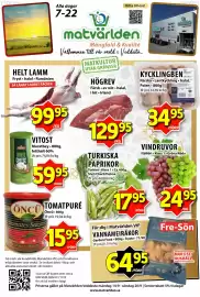 Matvärlden Tensta reklamblad vecka 38 Sida 1: TOMATPURÉ €15,95, HÖGREV €129,95
