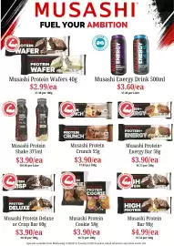 Farmer Jack's catalogue Page 12: Musashi Protein+ Energy Bar €3,90, Musashi Protein Wafers €2,99