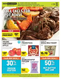 New Seasons Market weekly ad week 38 Page 1: Porta frozen pizza €9,99, Organic Honeycrisp Apples €2,99