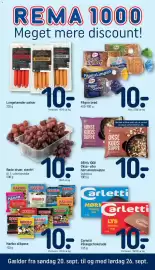 REMA 1000 tilbudsavis uge 39 Side 1: Langelænder pølser €10,00, Rema 1000 okse- eller hønsekødssuppe €10,00