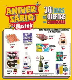 Encarte Bistek Supermercados semana 38 Página 1: Chocolate importado milka €11,97, Lava roupas liquido omo 3 litros €29,97