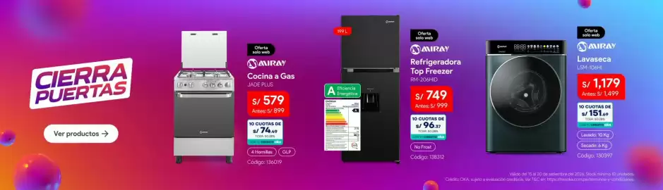 Catálogo Hiraoka semana 38 Página 12: Miray refrigeradora top freezer €749,00, Miray lavaseca lsm-106hi €1.179,00