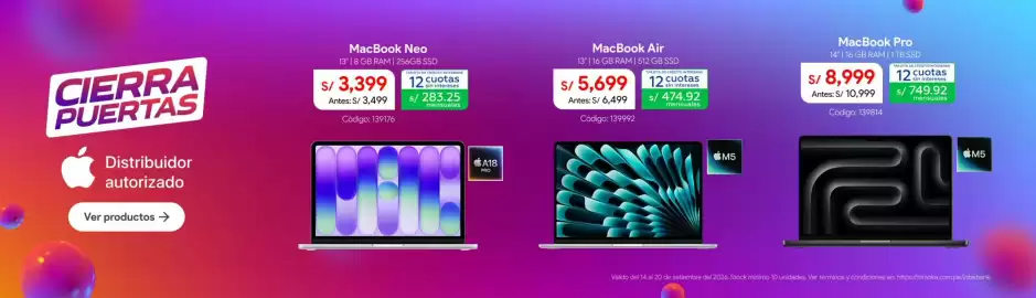 Catálogo Hiraoka semana 38 Página 16: MacBook Air 13" 16 GB RAM 512 GB SSD €5.699,00, MacBook Neo €3.399,00