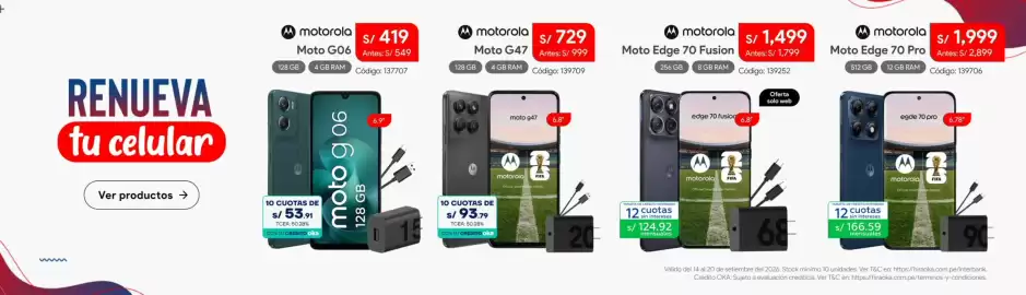 Catálogo Hiraoka semana 38 Página 19: Motorola moto edge 70 fusion 256 gb 8 gb ram €1.499,00, Motorola moto g47 €729,00