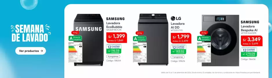 Catálogo Hiraoka semana 38 Página 2: Samsung lavadora ecobubble €1.399,00, LG Lavadora AI DD €1.799,00