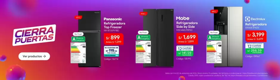 Catálogo Hiraoka semana 38 Página 7: Panasonic refrigeradora top freezer €899,00, Mabe Refrigeradora Side by Side €1.699,00